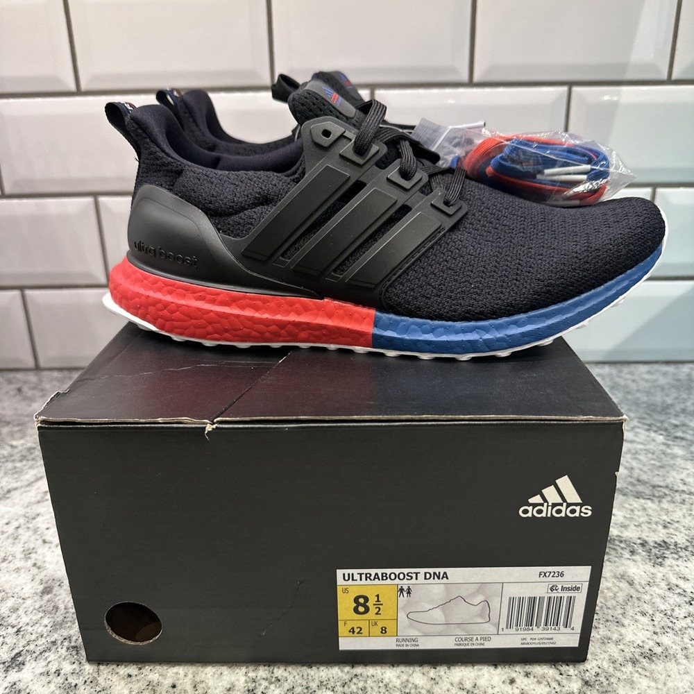 New Adidas Men's 8.5 Ultraboost DNA Black Blue Red Running Shoes Sneaker FX7236